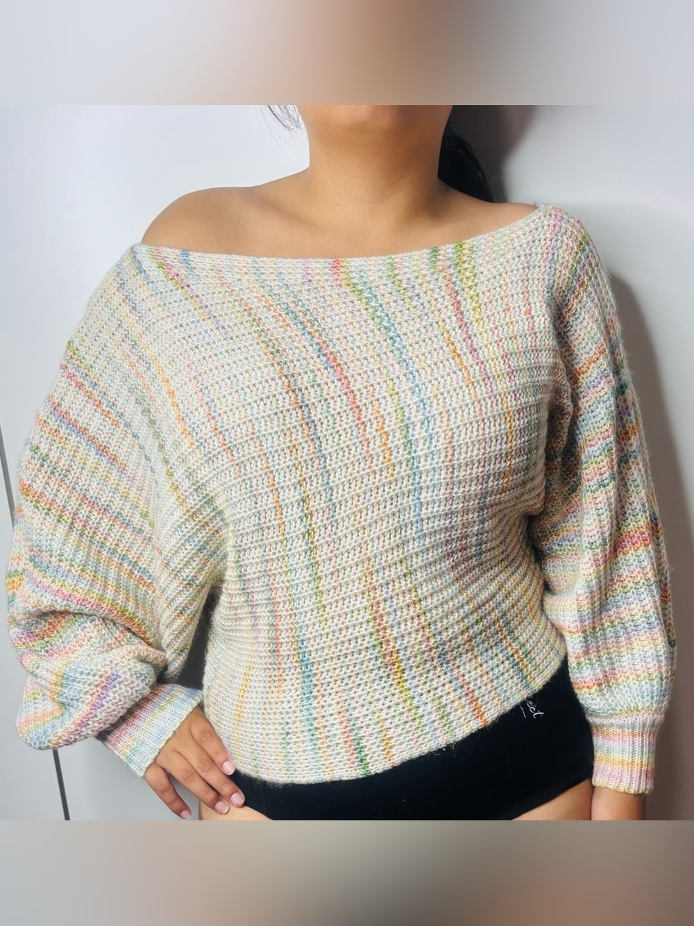 Off-the-Shoulder Cream Sweater with Pastel Stripes - Women